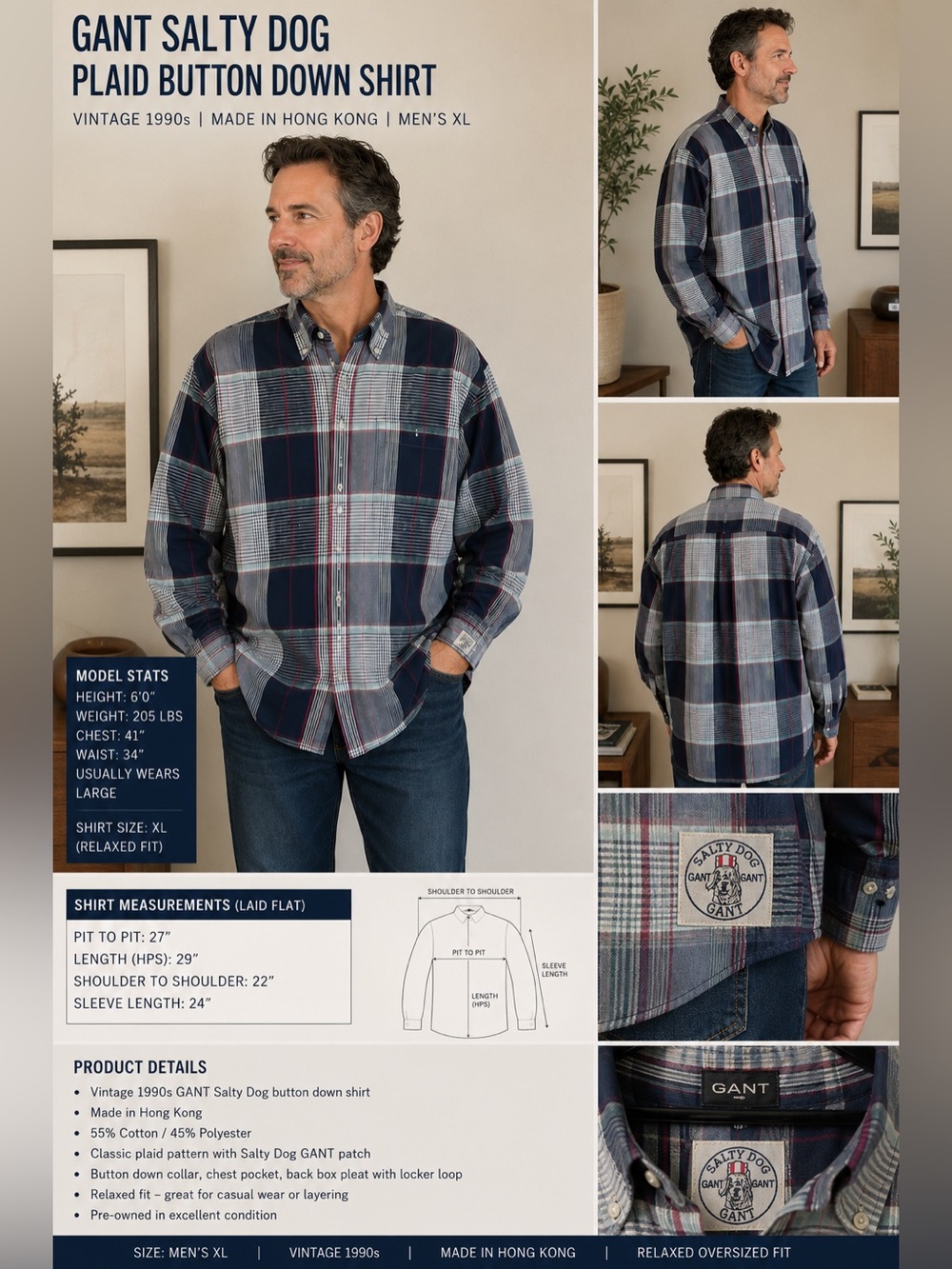 Vintage GANT Salty Dog Plaid Button Down Shirt XL Made in Hong Kong